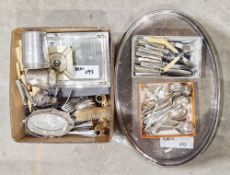 Mixed lot of silver plate and other metalware including cutlery, an oval galleried serving tray, a