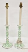 Pair of contemporary pottery candlestick table lamps, each decorated with green vermicule pattern,