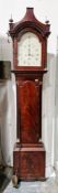 19th century mahogany longcase 8-day clock, the arched hood with brass finials, the painted face
