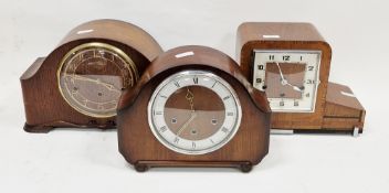 1930's Art Deco walnut and cross-banded mantel clock of stepped square form with Arabic numerals and