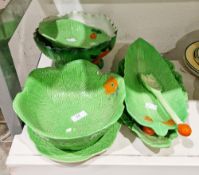 Group of Art Deco green leaf moulded dinnerwares, various printed black marks, including a