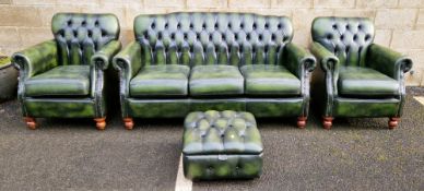 Thomas Lloyd green leather Chesterfield three-piece suite with matching footstool, comprising a