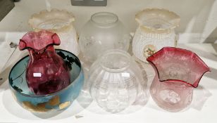 Group of five Late Victorian-20th century oil lamp shades, including a pair of opaque white leaf-