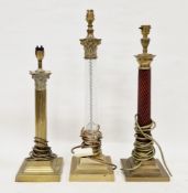 Three column table lamps including a brass lamp with Corinthian column, 46cm high, another brass