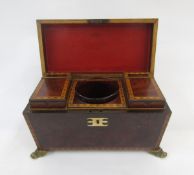 Regency inlaid mahogany tea caddy, sarcophagus shaped, with lozenge inlaid borders, gilt metal