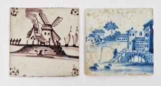 Two delft tiles, the first probably Liverpool, circa 1760, painted in blue and white with a figure