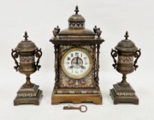 French gilt bronze and champleve enamel 8-day clock garniture, the clock case with domed finial