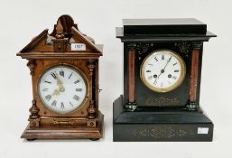 19th century slate and marble eight-day mantel clock, the white enamel face with roman numerals,