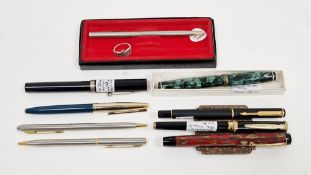 Collection of pens including Conway fountain pen with 14k gold nib, Sheaffer fountain pen, Parker