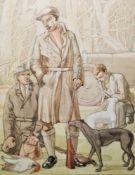 20th century school Watercolour drawing Shooting scene with figures and dogs, unsigned, framed and
