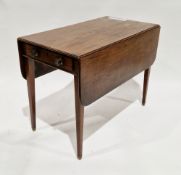19th century mahogany pembroke table with drawer to one end, on square tapering legs with brass
