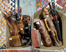 Collection of African tribal wooden items including eleven carved figures (tallest 55cm high), two