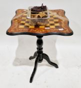 Italian Sorrento games table, the square top with inlaid chessboard and shaped edge, on a single
