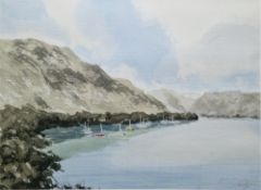 Maurice Beale (20th century) Watercolour Lakeside scene with moored sailboats, signed lower right,