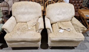 Pair of Duresta armchairs, upholstered in a yellow dralon fabric, on turned baluster wooden legs,