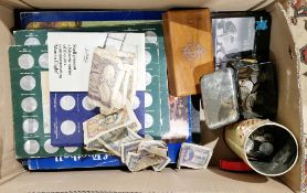 Collection of coins, notes and first day covers including Spanish 5 pesetas 1871 silver coin,