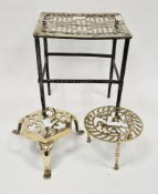 Georgian brass and iron trivet stand of rectangular form with pierced top, 30cm high x 25cm wide