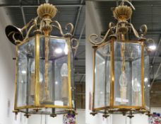 Pair of 20th century Georgian-style brass and bevelled glass hall lanterns, each of hexagonal