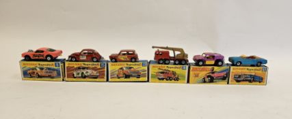 Six boxed Matchbox diecast model cars to include Superfast No.8 Wild Cat Dragster, Superfast No.15