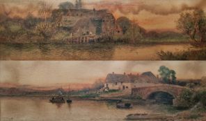 J. Clifford (19th century) Watercolour Pair of rural riverside scenes with dwellings and figures,