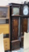 18th century oak inlaid  longcase clock, the square hood with Corinthian column supports holding a