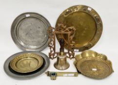 Mixed lot of metalware including Joseph Sankey Art Nouveau brass plate, 36cm diameter, two antique