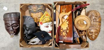 Six wooden carved ethnic face masks together with three Venetian face masks and a mixed lot of
