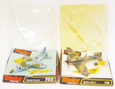 Two boxed Dinky Toys diecast model airplanes to include 722 Hawker Harrier and 719 Spitfire MkII (