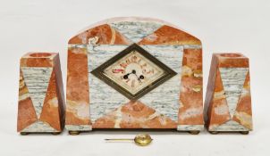 Art Deco 8-day rouge and white marble clock garniture, the clock with domed top and lozenge shaped