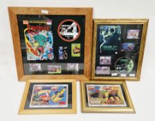 Two framed and glazed sets of Tin Tin phone cards, framed and glazed montage of Fantastic Four