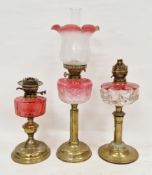 Victorian oil lamp with pink tinted and opaque etched glass shade, chimney, opaque pink glass