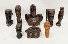 Collection of eight African tribal hardwood carved busts including ebony maasai warrior, 27cm