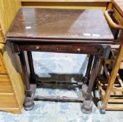 19th century oak work table, the rectangular swivel fold-over top over a single drawer, on turned