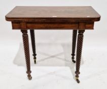 Regency mahogany folding afternoon tea table, rounded oblong with beaded borders and on spirally