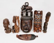 Kenyan tribal hardwood carved bust of a female, 28cm high together with two further African hardwood