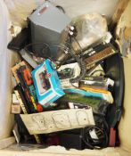 One box of railway accesories to include buildings, transformer, etc