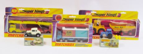 Three boxed Matchbox Super Kings diecast models to include K-11 DAF Car Transporter, K-5 Muir-Hill