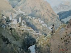 John Doyle (b.1928) Watercolour heightened with white Alpine view with town, signed and dated 1975