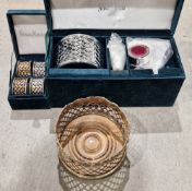 Neiman Marcus white metal wine set contained in a green fabric box including a bottle coaster,
