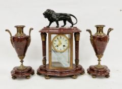 Late 19th century French gilt-metal and red marble mounted mantel clock garniture, the regulator