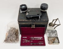 19th century metal box containing collectables including collection of old keys, largest