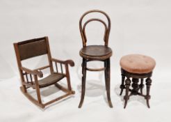 Victorian circular adjustable piano stool with upholstered seat and turned ringed legs, 49cm high