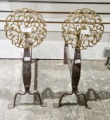 Pair of brass and wrought iron fire dogs in the style of Ernest Gimson of the Cotswold School,