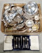 Collection silver-plate, including: two cased sets of 6 cake forks, a Marlboro plate part tea and