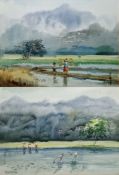 Oriental school (20th century) Watercolour Pair of oriental farming scenes with figures working in