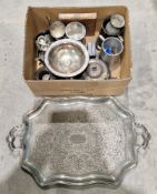Pair of silver dwarf candlesticks, Birmingham 1982, 6cm high and a collection of silver plate and