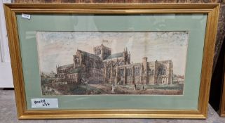 Coloured etching depicting figures before a church in landscape, indistinctly signed lower right,