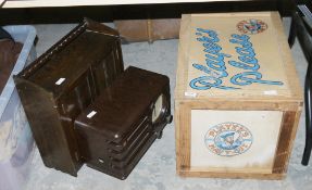 Vintage Players wooden chest, an Edwardian dark oak two-door table top/hanging cupboard and a