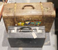 Vintage steamer-style travelling trunk, studded wooden bound with brass fittings, a blue leather