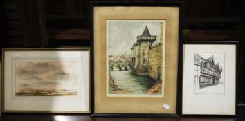 Series of coloured 19th century engravings Society themed, two watercolour landscapes by Chatfield